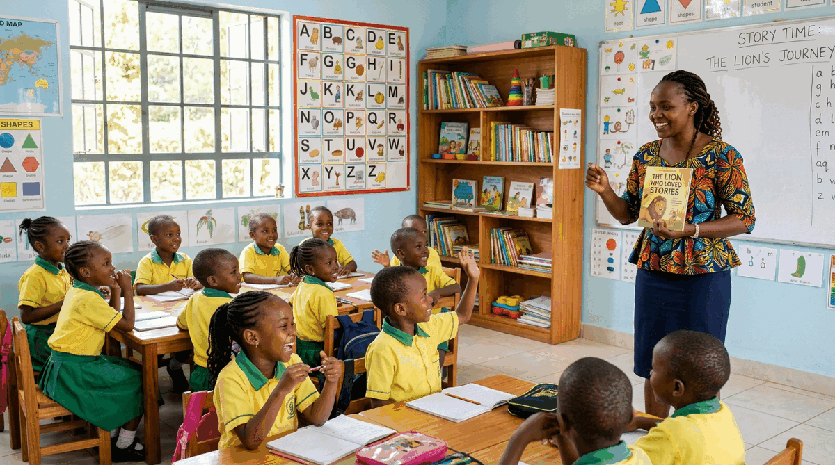 Teacher reading to happy pupils in class