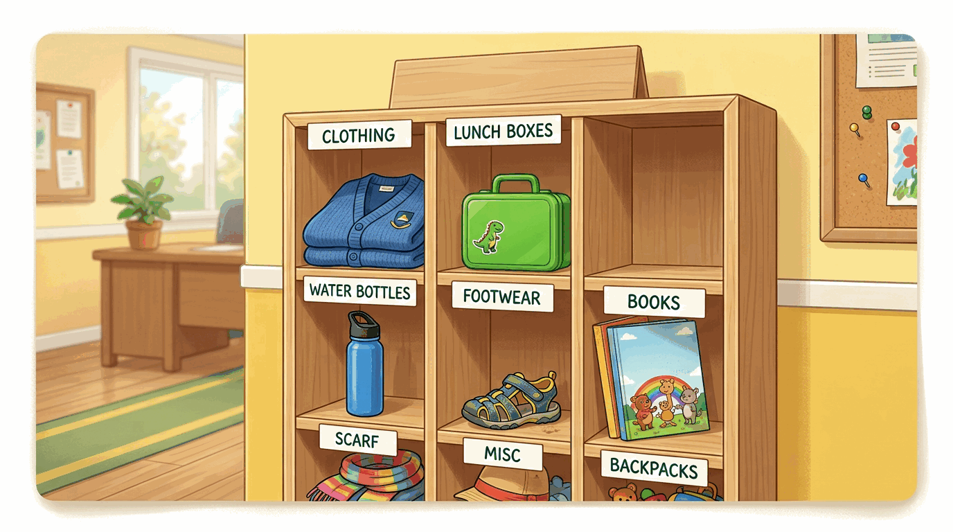Lost and found shelf at the school office