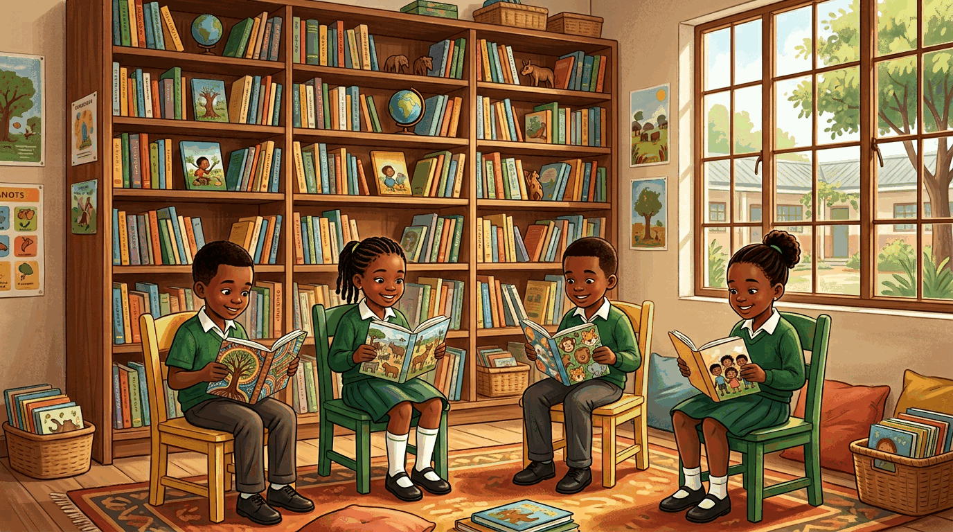 Pupils reading in the school library corner